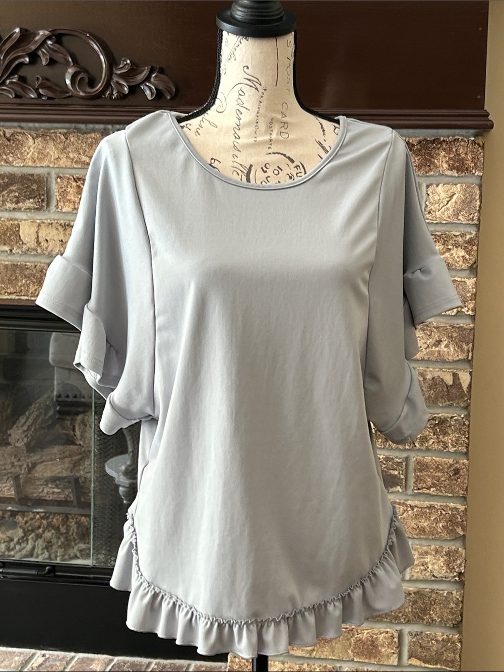Shabby Chic Short Sleeve Neutral Light Gray Ruffle Sleeve & Hem Womenβs Top